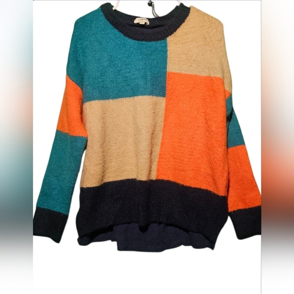 Umgee Multicolor Color Block Sweater Teal, Orange, and Beige Medium PTP 24 EUC - Picture 4 of 6